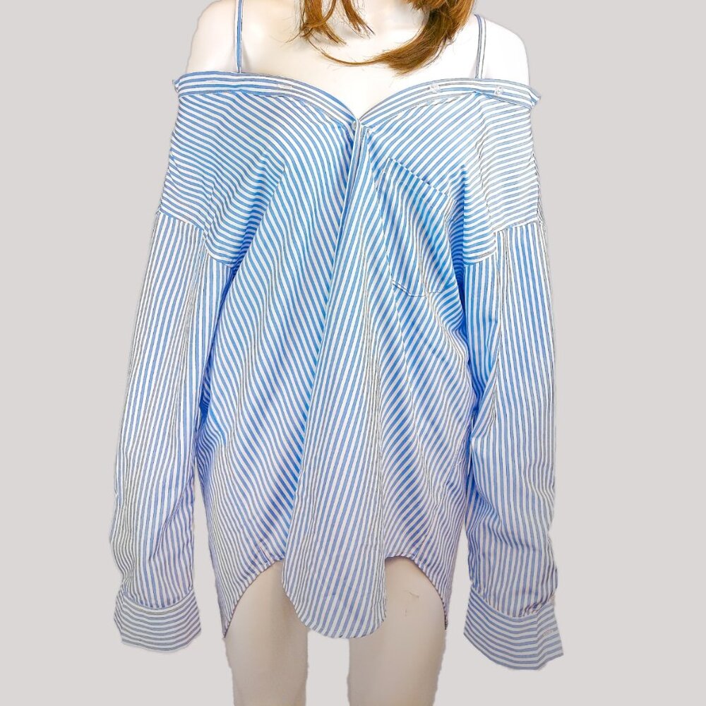 Know One Cares off Shoulder Stipe Button up Poplin Unique Women's Shirt